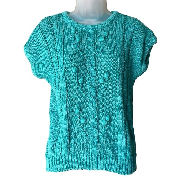 Vtg 80s KORET Turquoise Short Sleeve Pom Pom Cableknit Sweater Sz M Preppy Mom - Picture 11 of 15